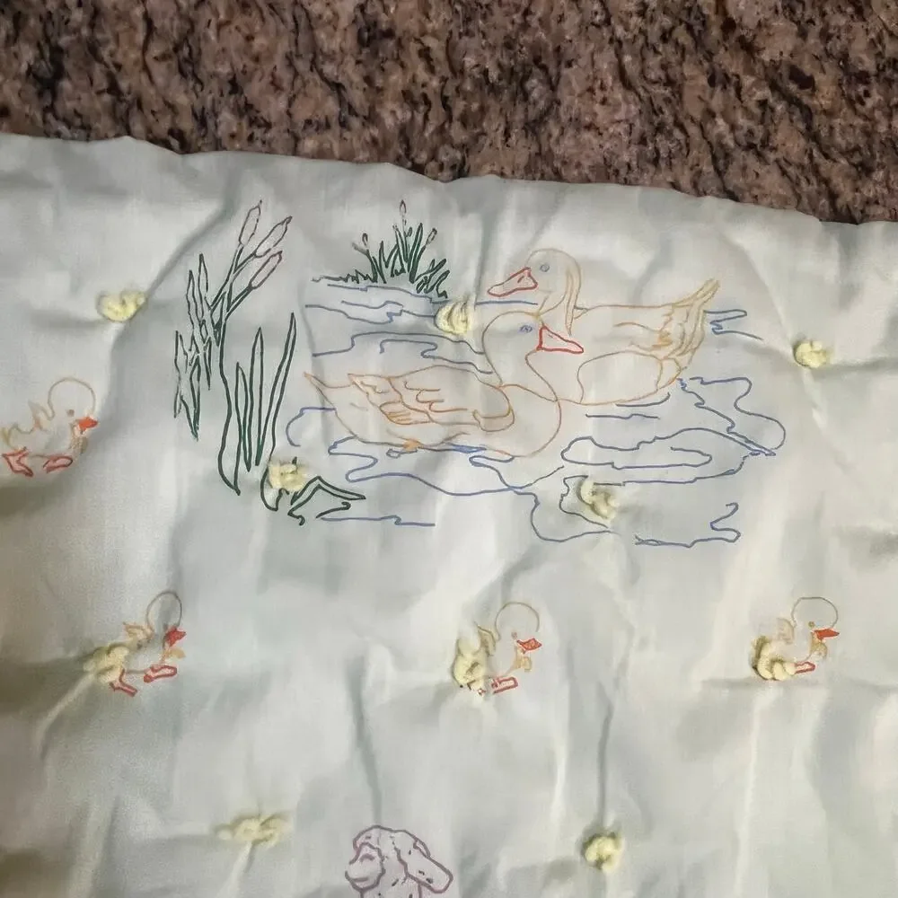 Vintage Green Baby Crib Quilt‎ 52x39 Hand Tied Animal Nursery Blanket Cats Ducks